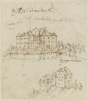 Il Castel Ganda con la cappella Maria della Neve, 1610 ca. Archivio provinciale di Bolzano, Codice Brandis
