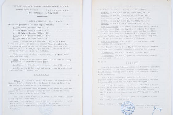 Decreto dell’Ufficio acque pubbliche della Provincia autonoma di Bolzano per il nuovo proprietario della centrale elettrica di Sacco, 1978. Nel 2001 fu convertita in una centrale dimostrativa, 1978). ApBz, Ufficio acque pubbliche, n. 126.