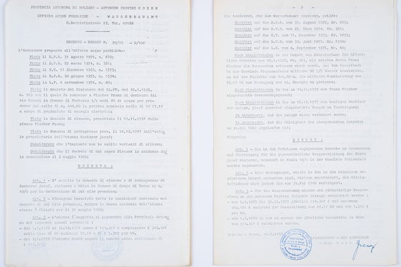 Decreto dell’Ufficio acque pubbliche della Provincia autonoma di Bolzano per il nuovo proprietario della centrale elettrica di Sacco, 1978. Nel 2001 fu convertita in una centrale dimostrativa, 1978). ApBz, Ufficio acque pubbliche, n. 126.