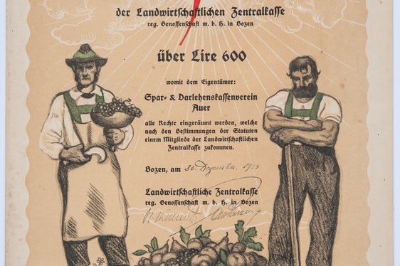 Effetto di partecipazione della Cassa Agricola Centrale, 1924 (ApBz, Cassa Raiffeisen di Ora, n. 96)