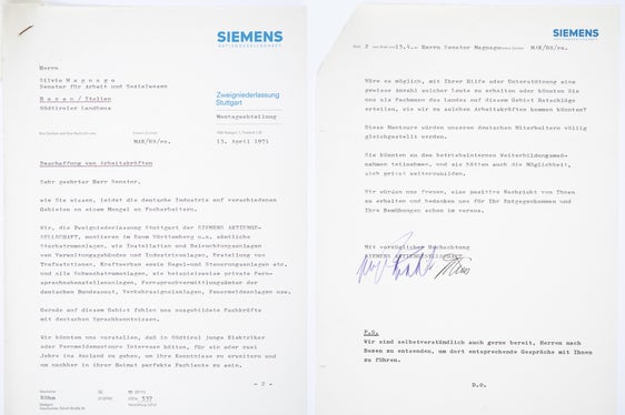 Lettera di reclutamento della “Siemens AG” per lavoratori altoatesini, 1971 (lascito Silvius Magnago, n. 1223).
