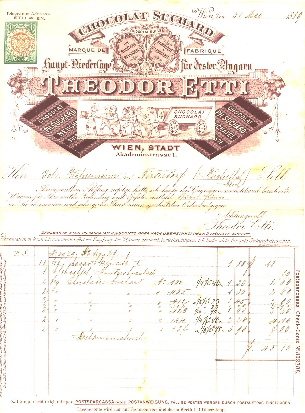 Rechnung der Firma Suchard 1889