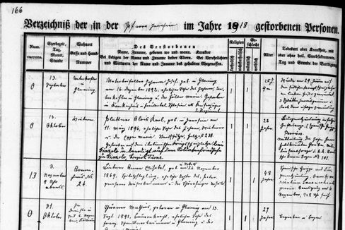 Pfarrei Jenesien, Sterbebuch 1918, S. 166