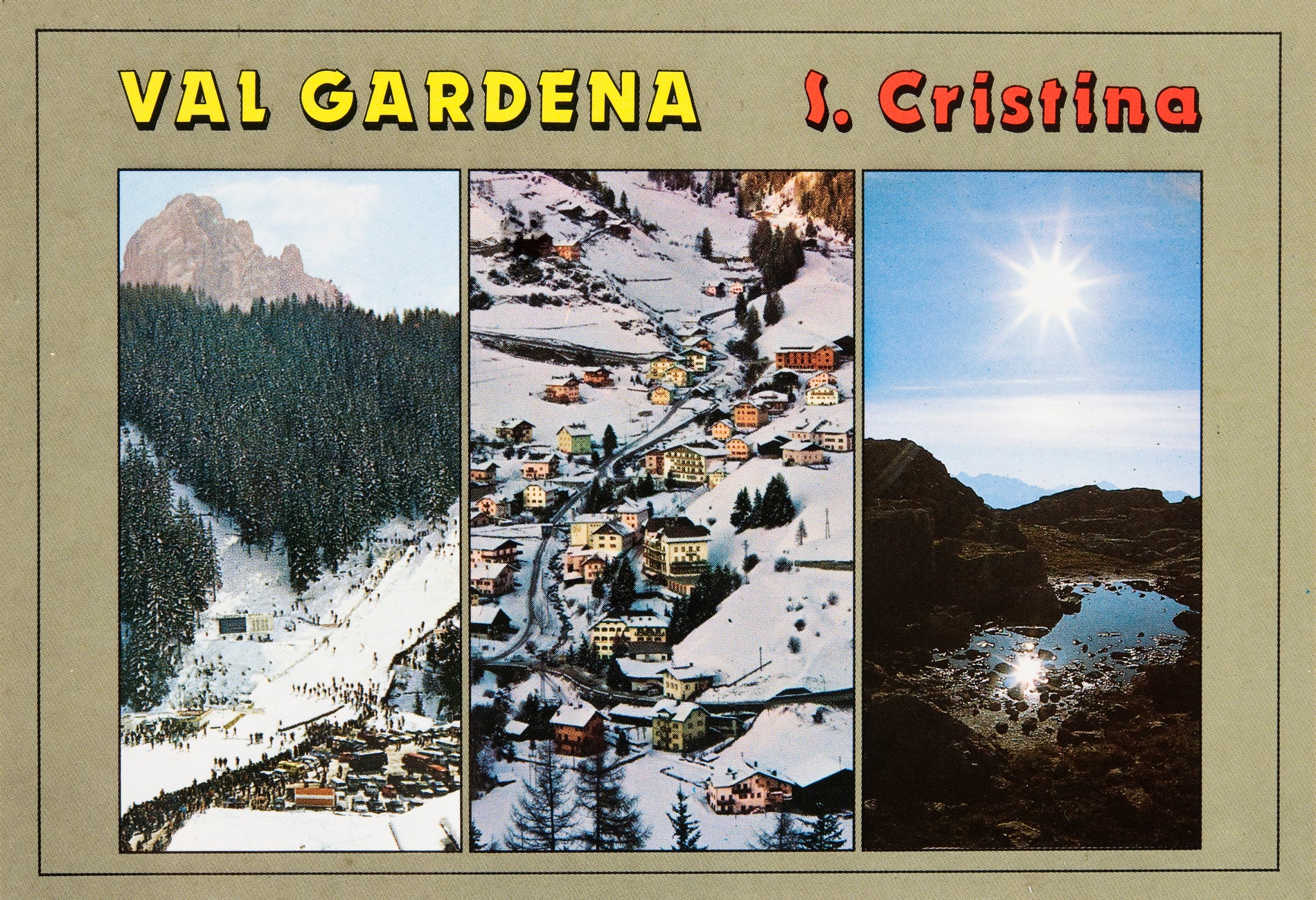 Der Tourismus trug entscheidend zum wirtschaftlichen Aufschwung Südtirols bei, veränderte jedoch auch die Landschaft entscheidend (Bild: Ansichtskarte von St. Christina mit der 1969 erbauten Skipiste Saslong). SLA, Sammlung Schlern Verlag, Nr.