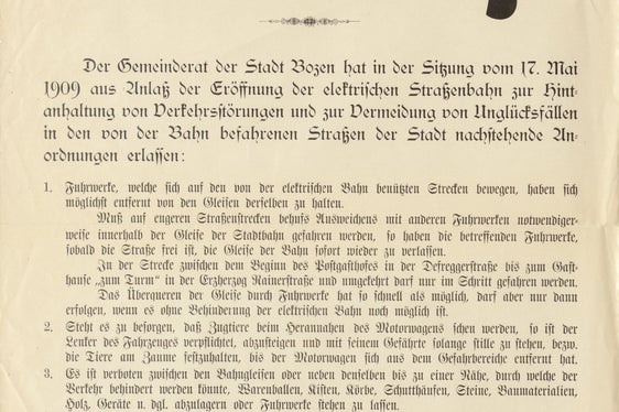 Kundmachung zur Eröffnung der elektrischen Straßenbahn, Südtiroler Landesarchiv, Archiv der Etschwerke, Pos. XX.13