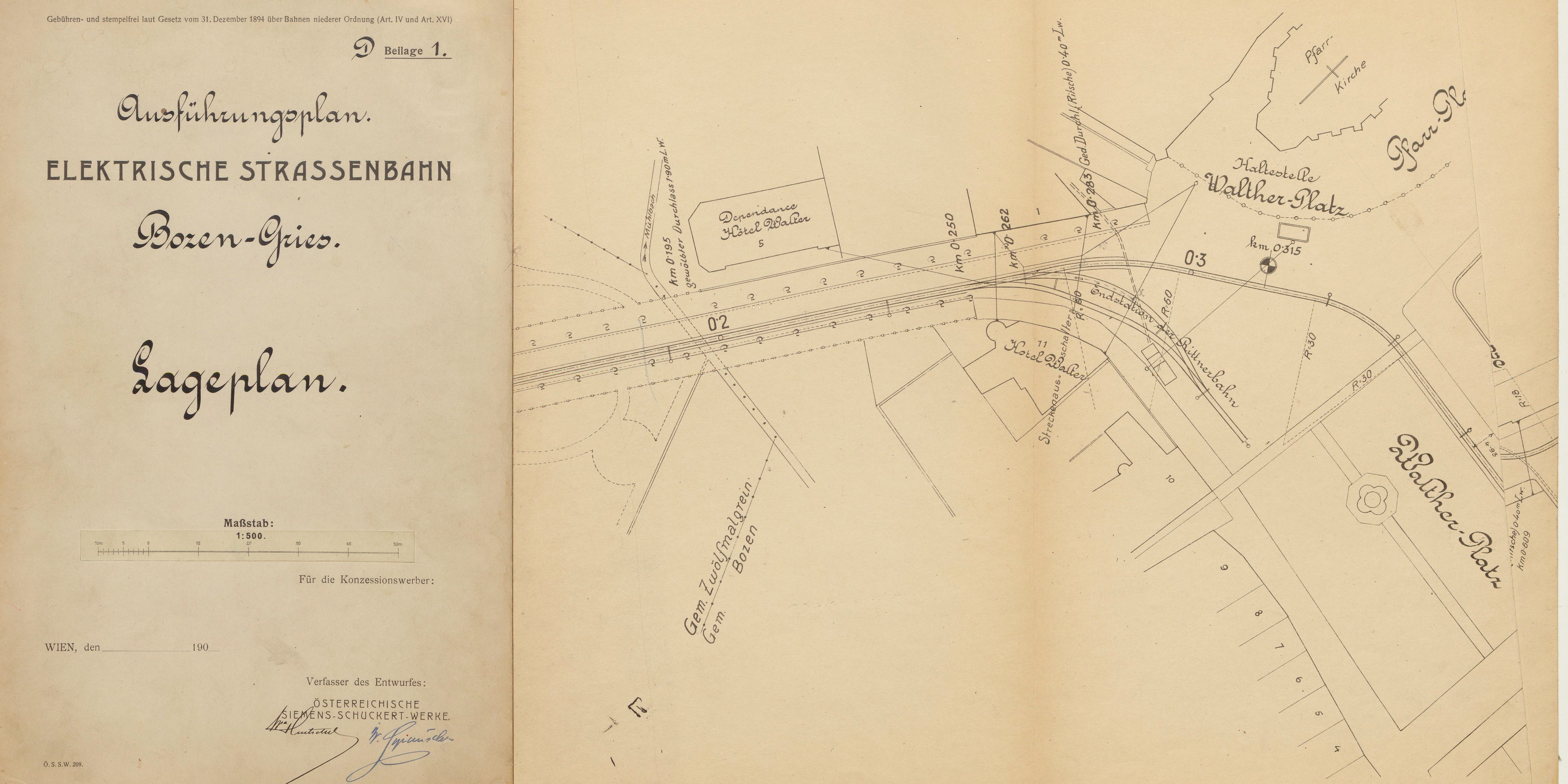 Planimetria della tramvia elettrica Bolzano-Gries, Archivio Provinciale di Bolzano, Archivio dell'Azienda Elettrica Consorziale, Pos. XVI.3.2.3