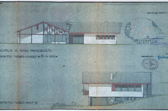 Ansichten der von Architekt Willy Gutweniger geplanten Grundschule St. Pankraz, 1961 (Staatsbauamt für öffentliche Bauten, Nr. 93)