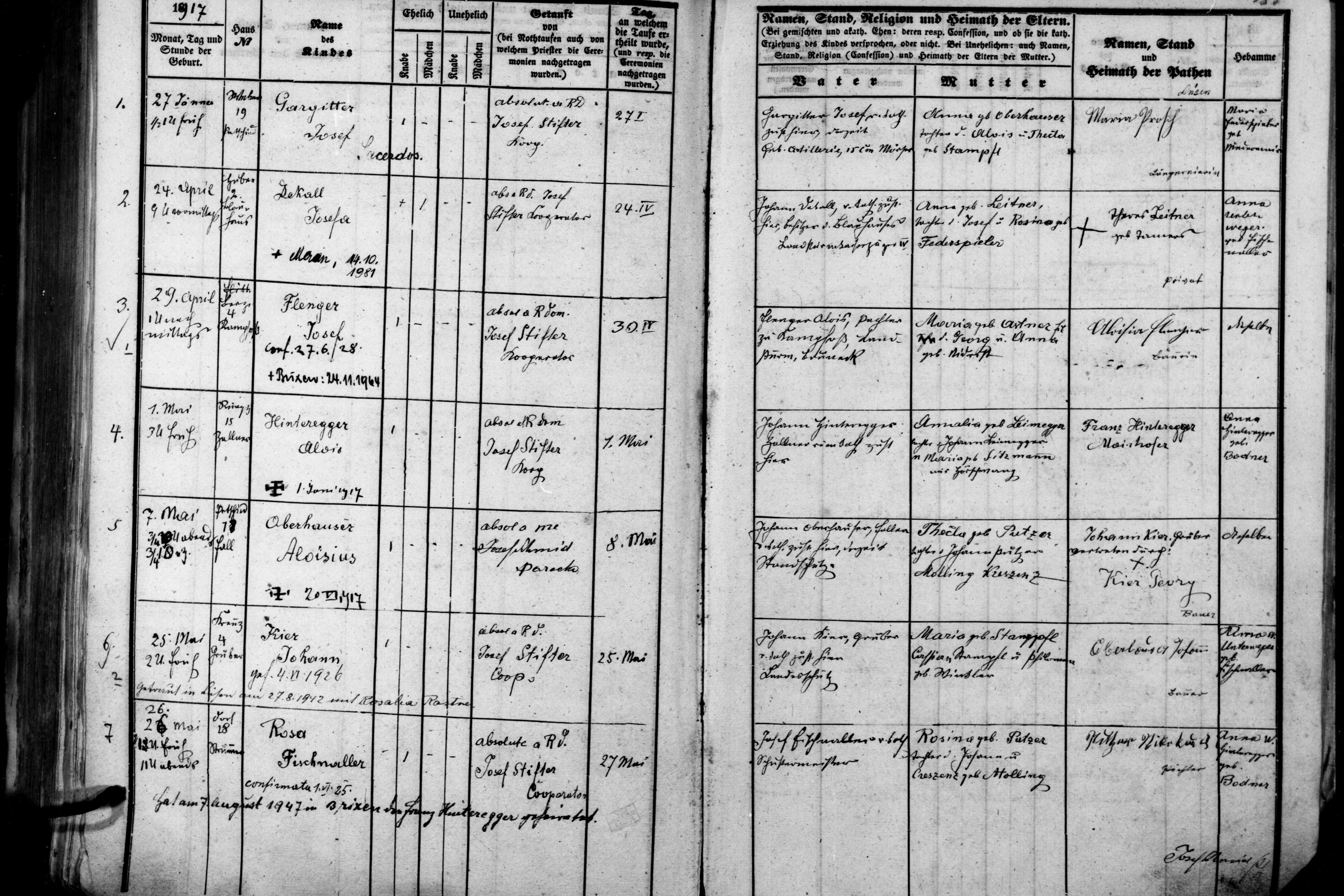 Registro dei battesimi della parrocchia di Luson con la registrazione della nascita e del battesimo di Josef (Joseph) Gargitter.