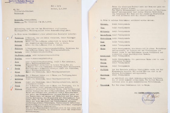 Bericht des Brixner Bezirksschulinspektors Holzeis an das Provinzial-Schulamt über die in einigen Orten völlig ungenügenden Schulgebäude im oberen Eisacktal und Pustertal, 1949 (Deutsches Schulamt, Nr. 1608 Schulbauten)