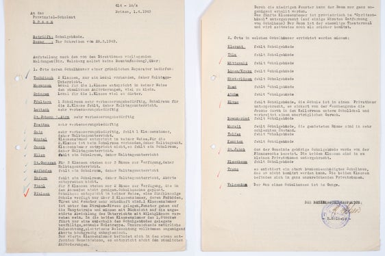 Bericht des Brixner Bezirksschulinspektors Holzeis an das Provinzial-Schulamt über die in einigen Orten völlig ungenügenden Schulgebäude im oberen Eisacktal und Pustertal, 1949 (Deutsches Schulamt, Nr. 1608 Schulbauten)