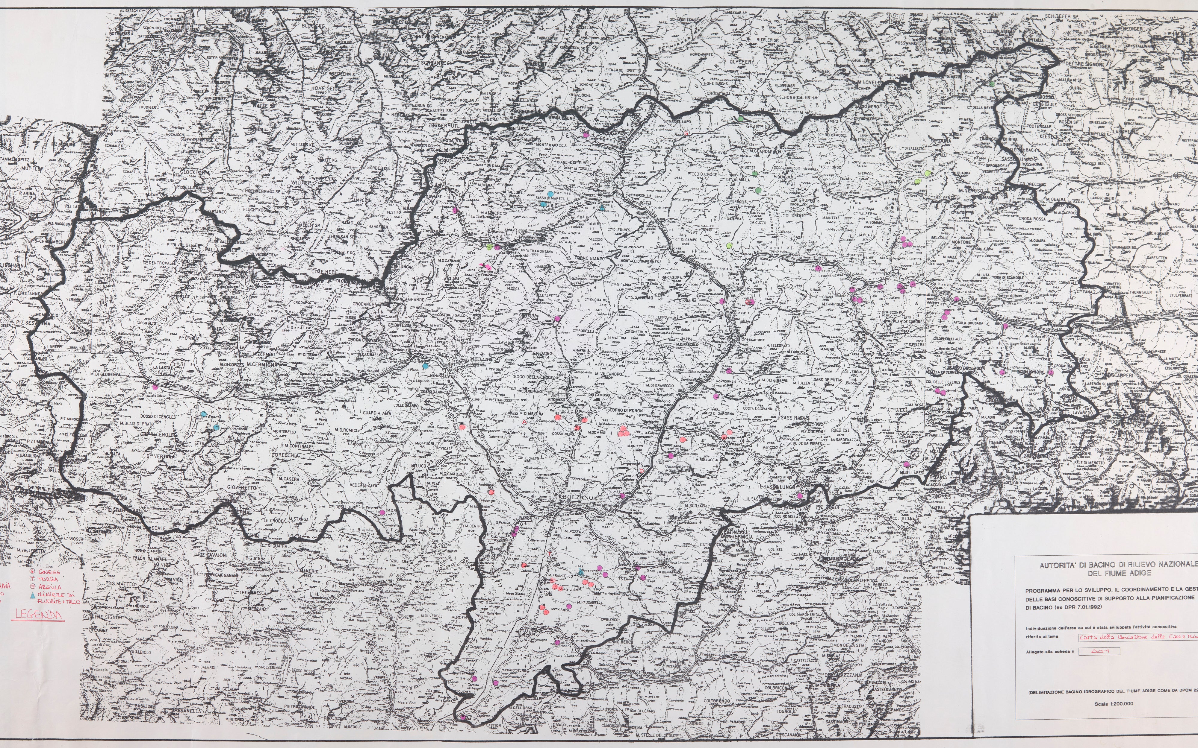 6) Lagekarte der Gruben und Steinbrüche (Porphyrsteinbrüche im unteren Eisacktal/Unterland und Sand- und Schottergruben in der südlichen und östlichen Landeshälfte), 1992. (Amt für industrielle Innovation, Nr. 335/2)