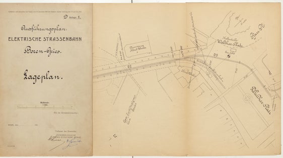 Lageplan der elektrischen Straßenbahn Bozen-Gries, Südtiroler Landesarchiv, Archiv der Etschwerke, Pos. XVI.3.2.3