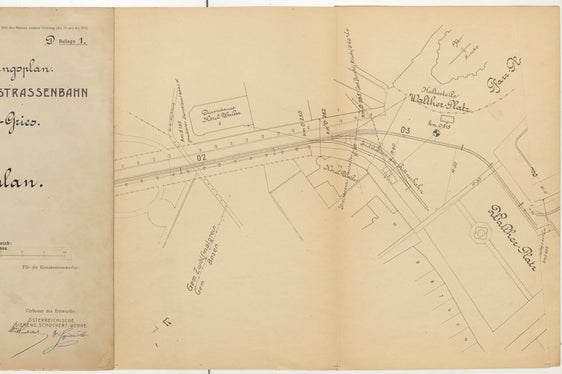 Lageplan der elektrischen Straßenbahn Bozen-Gries, Südtiroler Landesarchiv, Archiv der Etschwerke, Pos. XVI.3.2.3