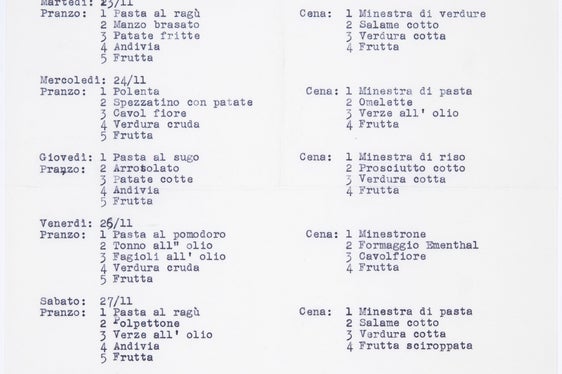 Menù settimanale, circa 1965 (Ufficio famiglia, donna e gioventù n. 4459)