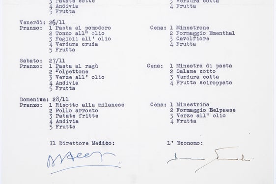 Menù settimanale, circa 1965 (Ufficio famiglia, donna e gioventù n. 4459)
