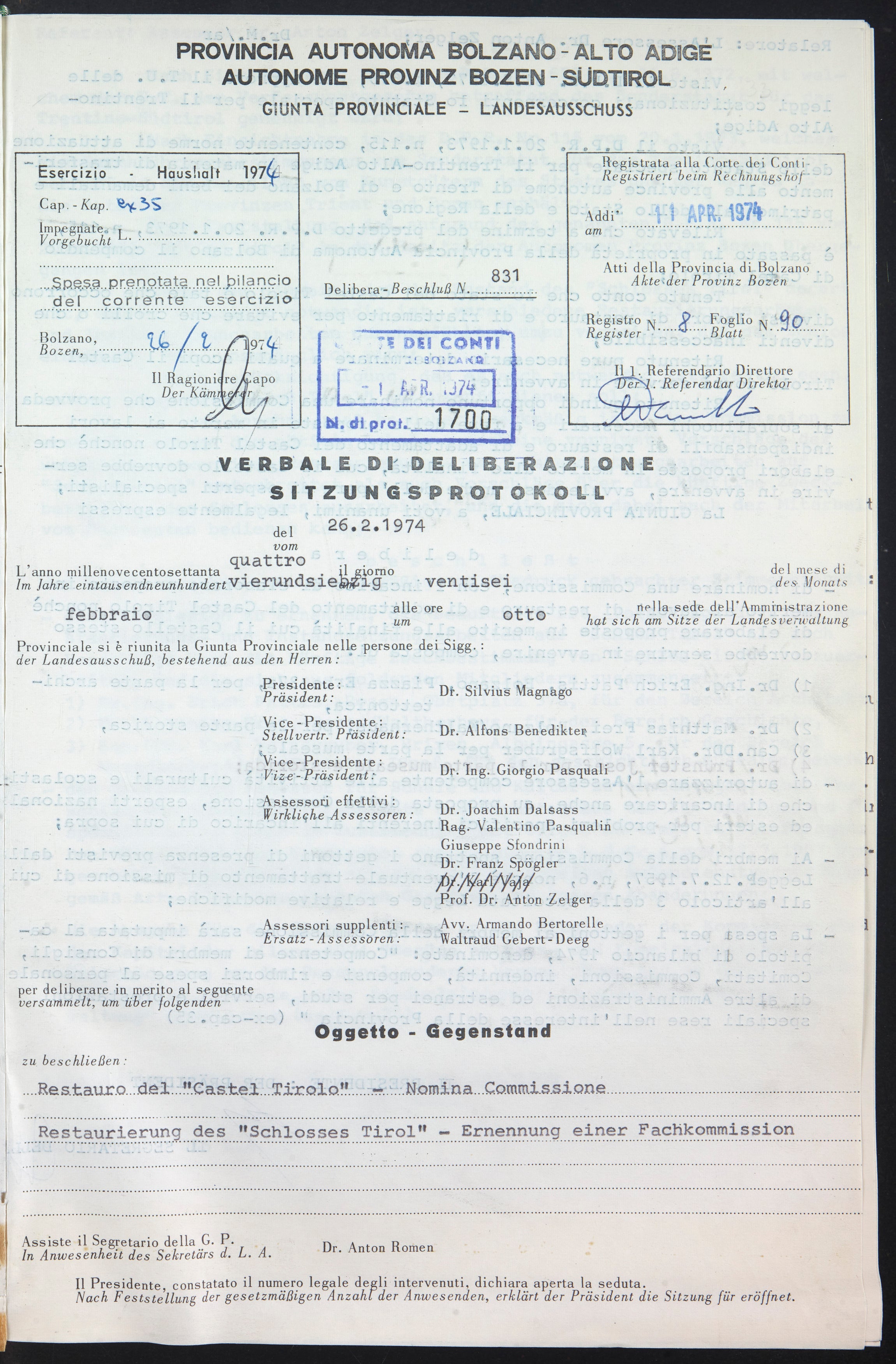 Beschlüsse des Landesauschusses bzw. Landesregierung, Nr. 831 vom 26.2.1974