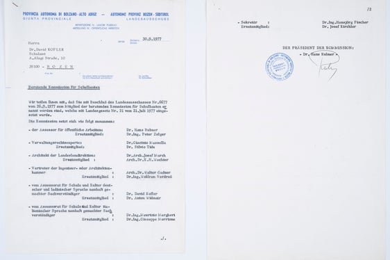 David Kofler, erster deutscher Schulamtsleiter Südtirols von 1975 bis 1987, wird zum Mitglied der beratenden Kommission für Schulbauten ernannt, 1977 (Deutsches Schulamt, Nr. 356)