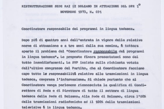Promemoria della direzione provinciale della SVP riguardo a dei cambiamenti da introdurre alla sede RAI di Bolzano, p. 1 (Lascito Silvius Magnago, n. 299)