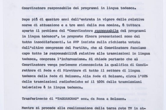 Promemoria della direzione provinciale della SVP riguardo a dei cambiamenti da introdurre alla sede RAI di Bolzano, p. 1 (Lascito Silvius Magnago, n. 299)
