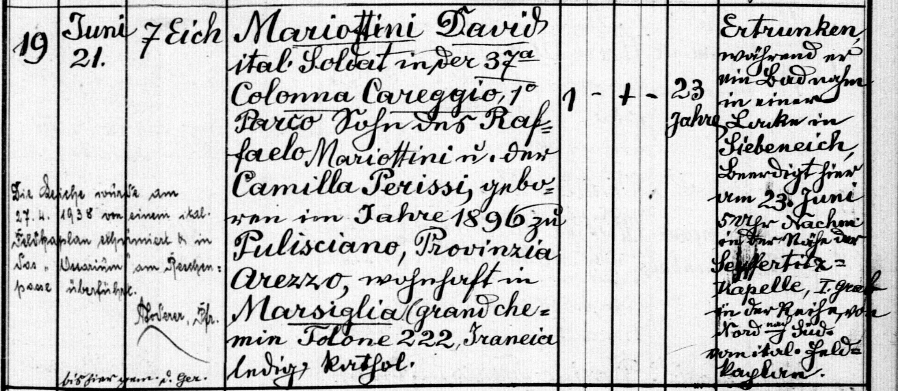 Ausschnitt aus dem Totenbuch der Pfarrei Terlan 1919