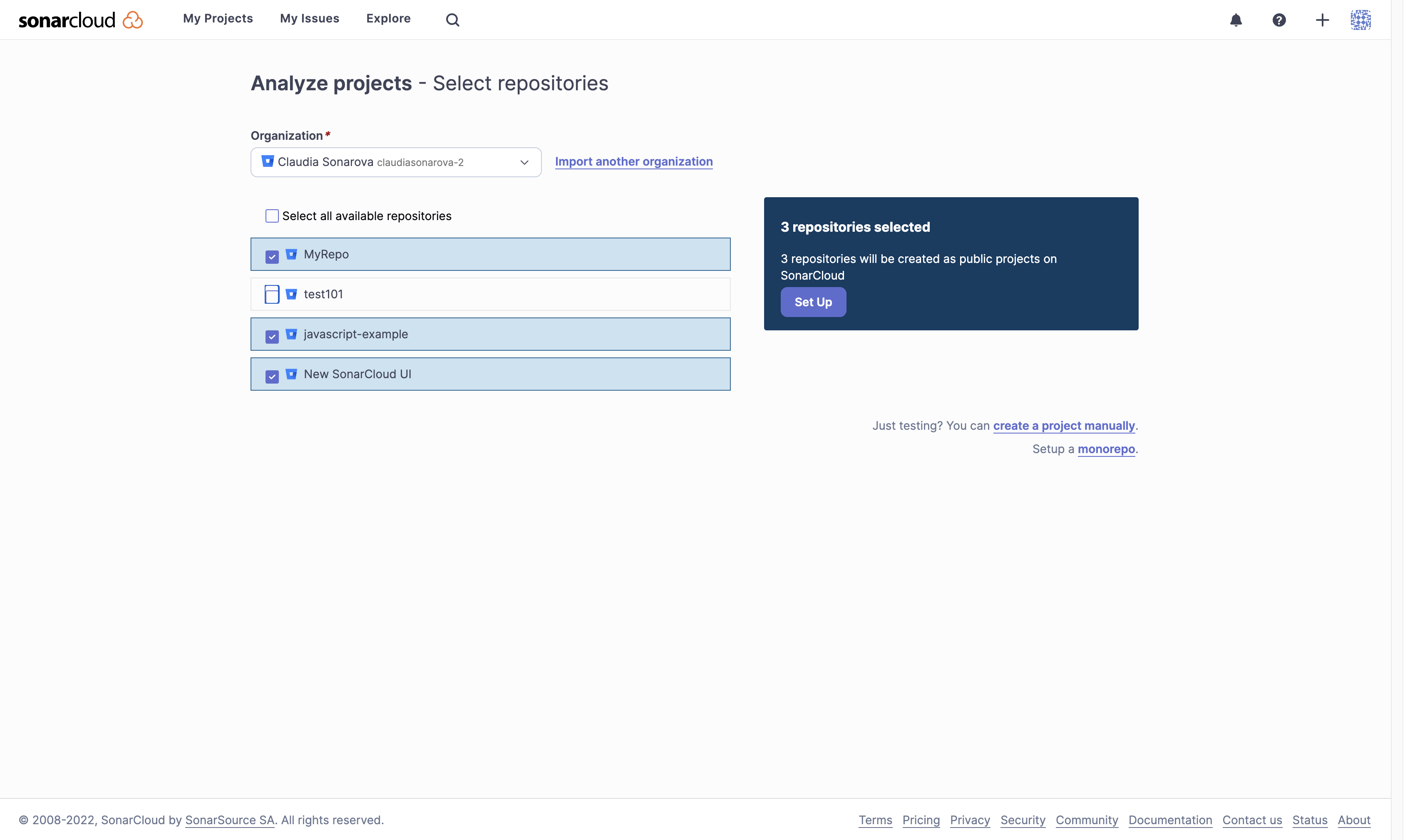Select the repositories that you want to import and analyze.
