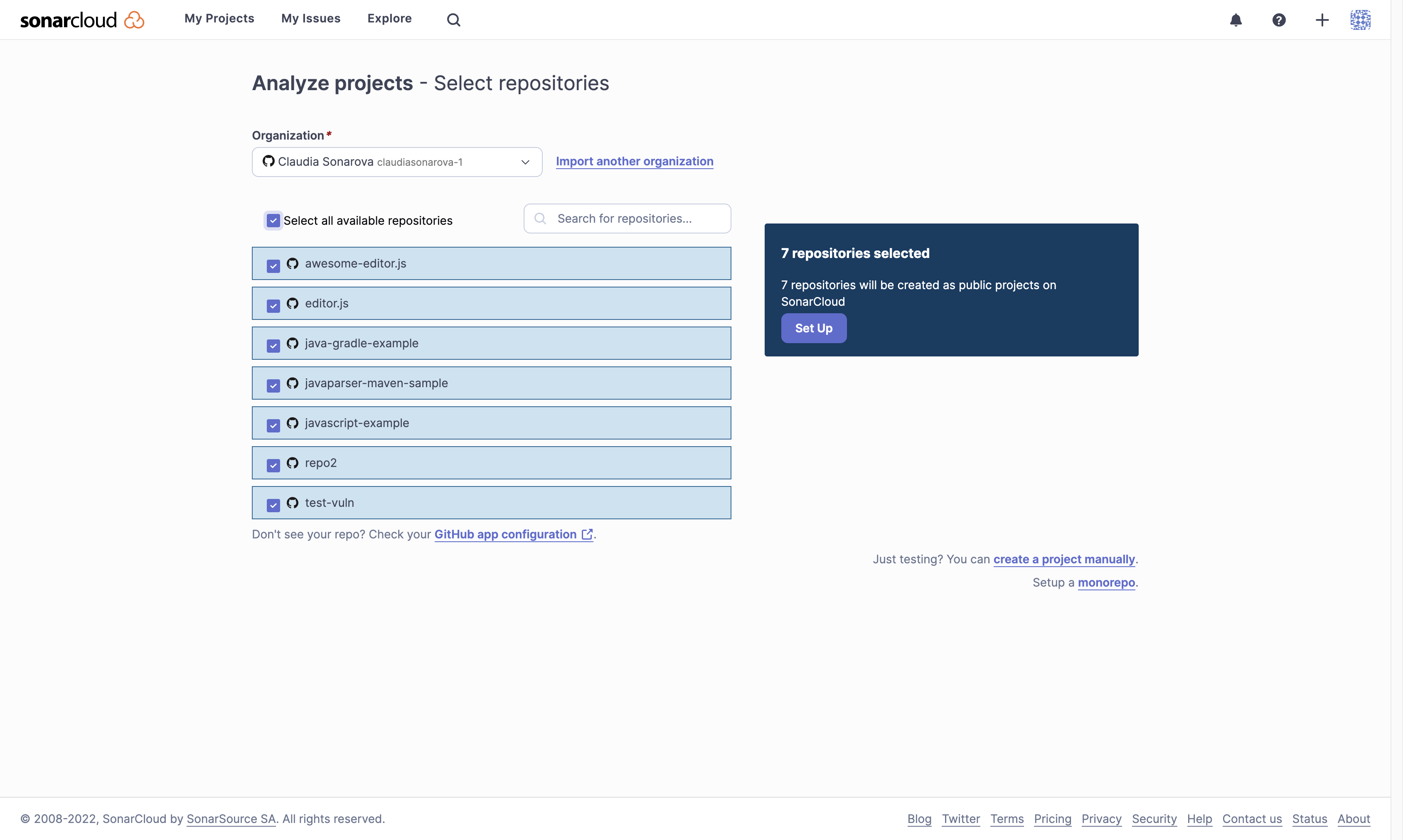 Select the GitHub repositories that you want to analyze with SonarCloud.