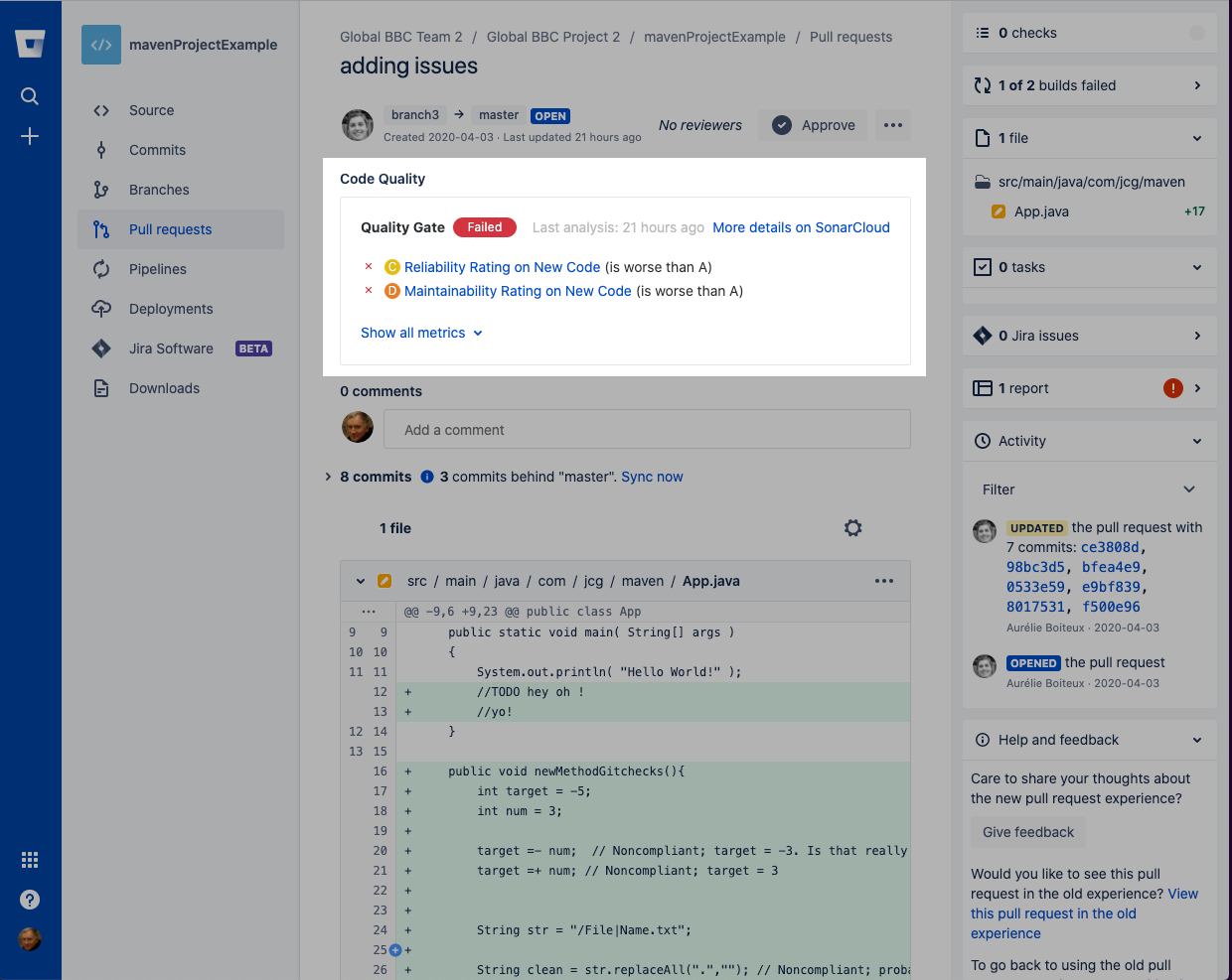 Screenshot of the pull request quality gate widget in BitBucket.