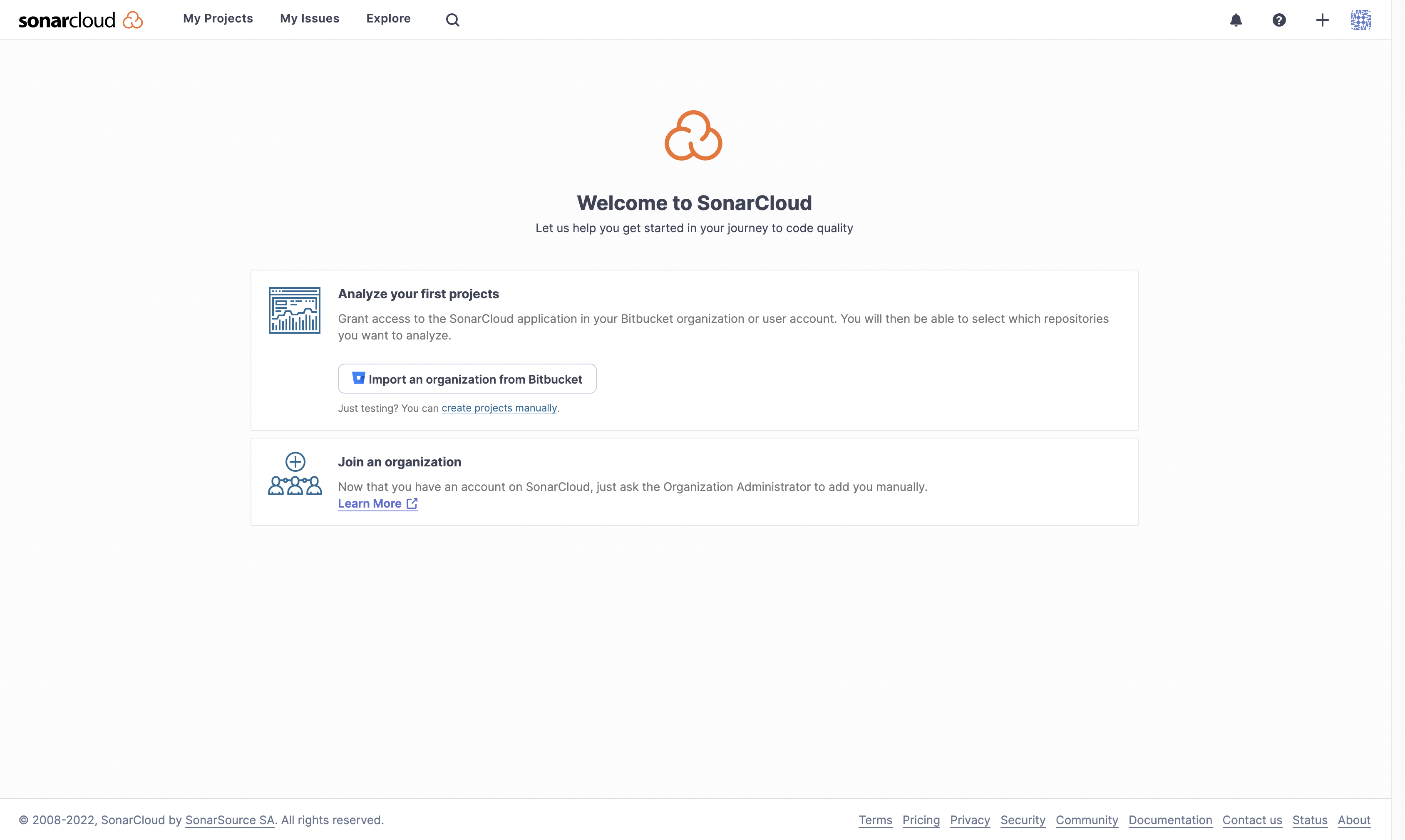 Welcome to SonarCloud for the first time.
