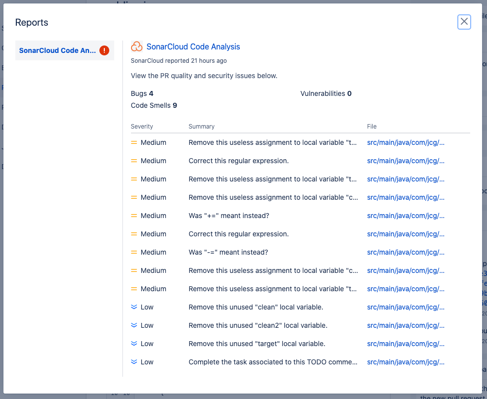 Screenshot of the full report of all the issues found in the pull request by SonarCloud.