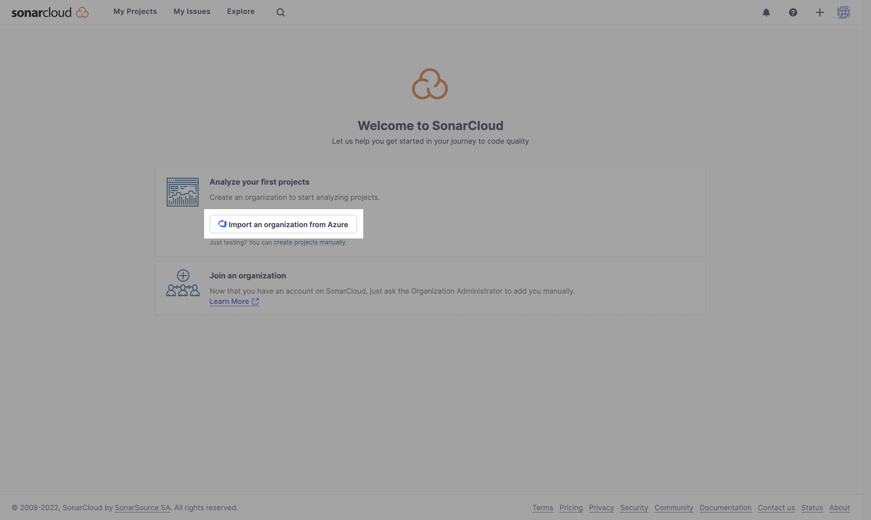 Welcome to SonarCloud for the first time.