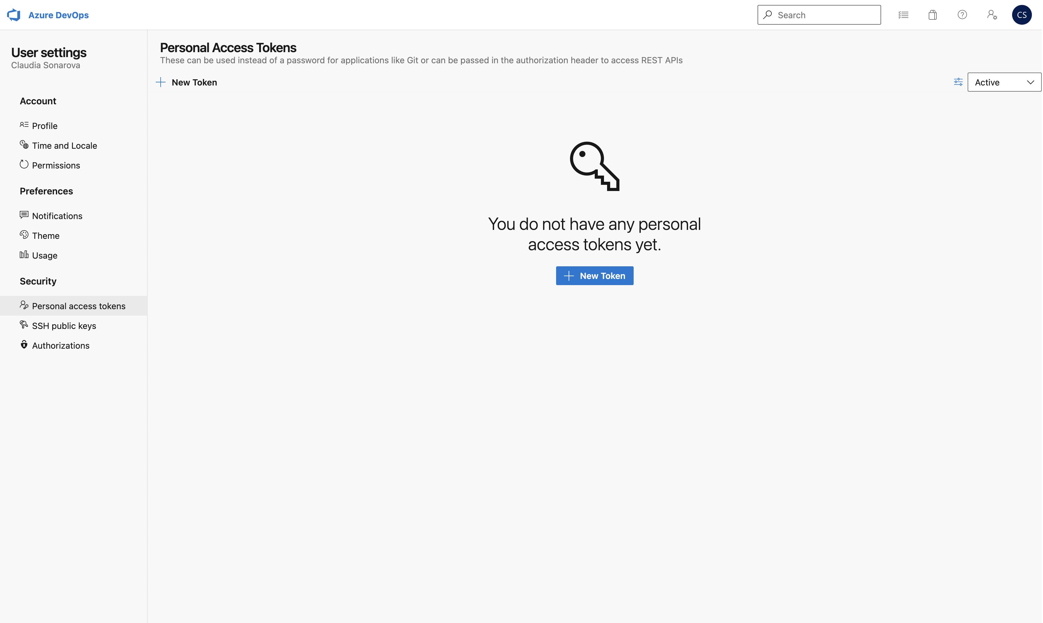 Create a new personal access token in Azure.