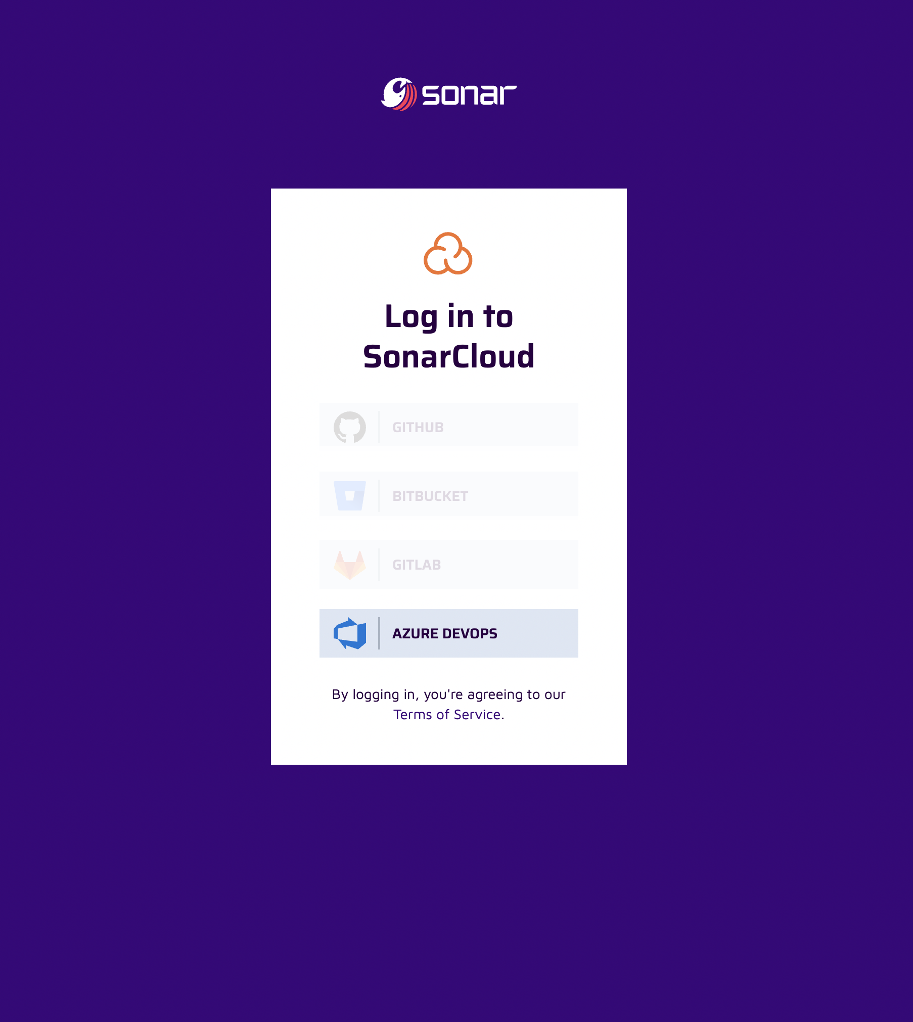Select Bitbucket from the list of SCM cloud platforms.Select Azure DevOps to sign in to SonarCloud.