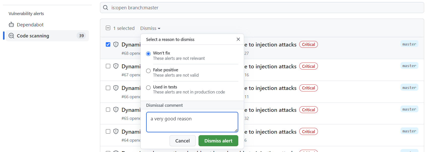 Screenshot of how to resolve a security alert as Won't fix in GitHub.