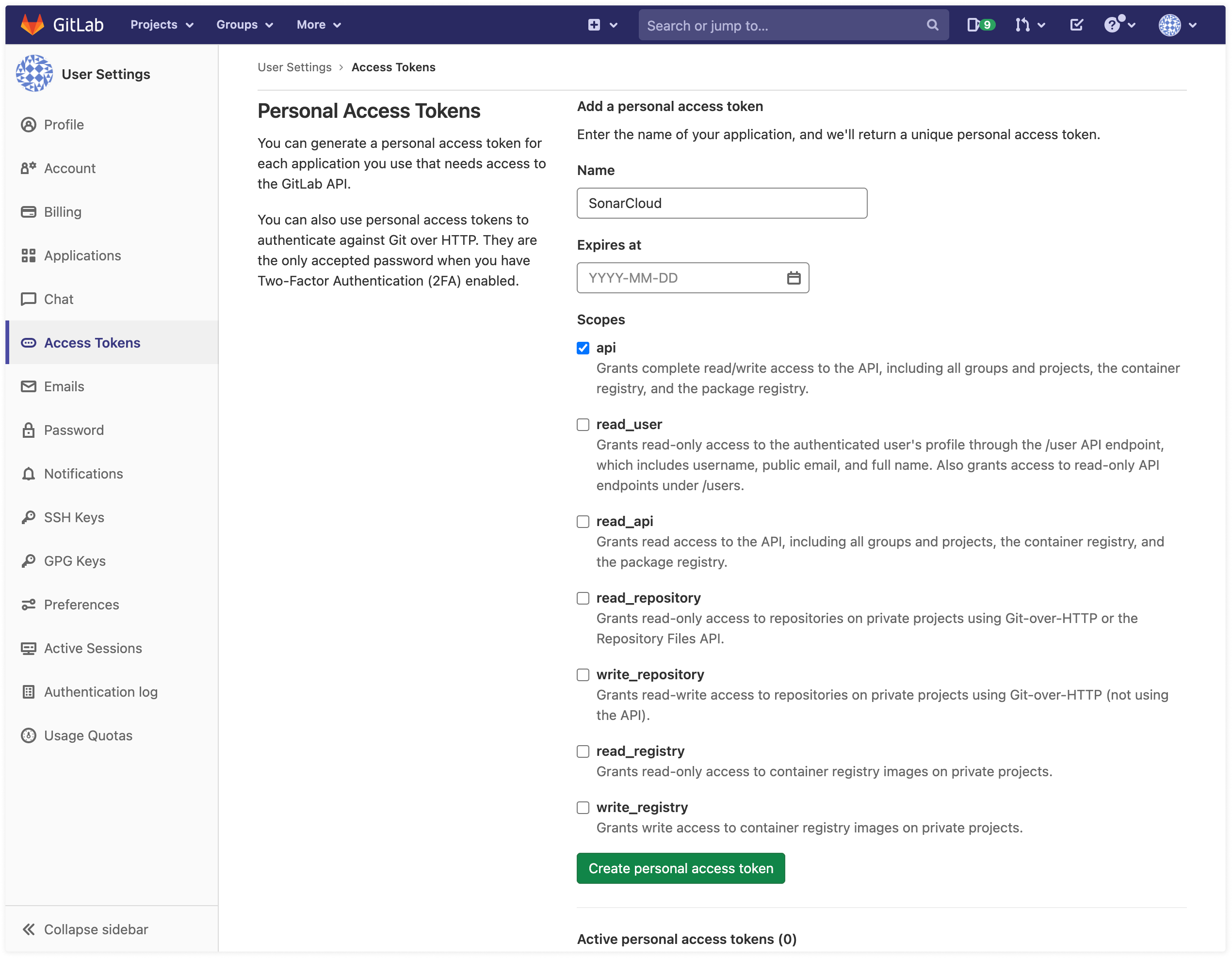 Select API when generating a personal sa
