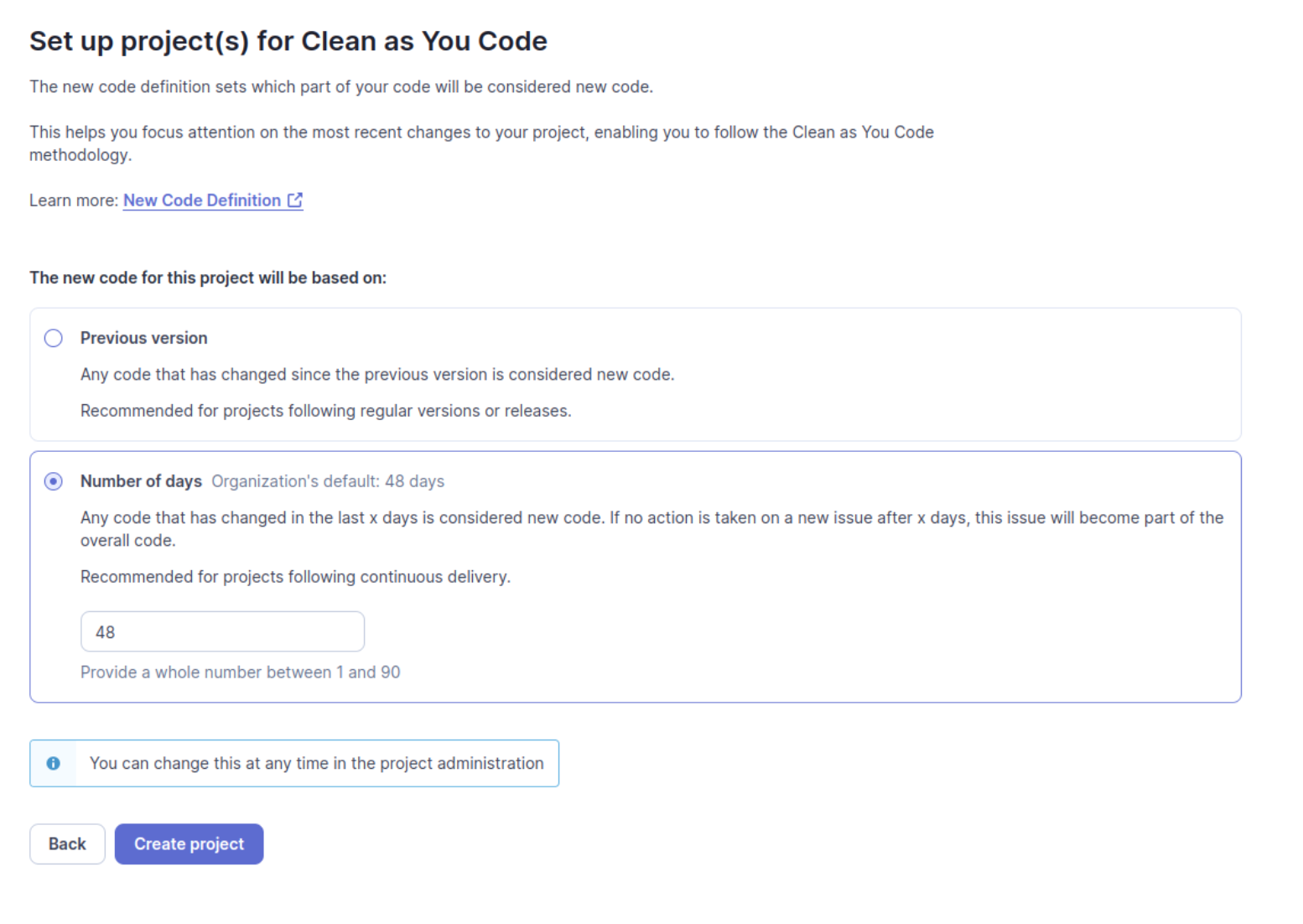 New code definition initial choice.