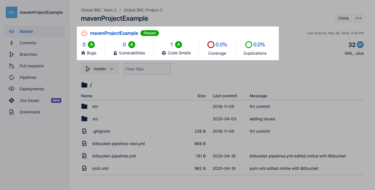 Screenshot of the BitBucket interface with the SonarCloud project analysis results widget.