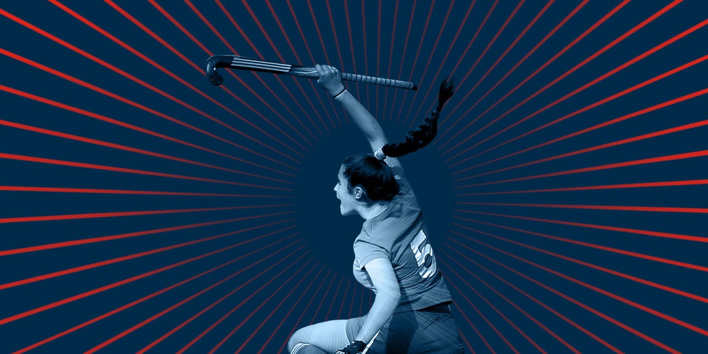Female Hockey Player Graphic, Red lines on navy background