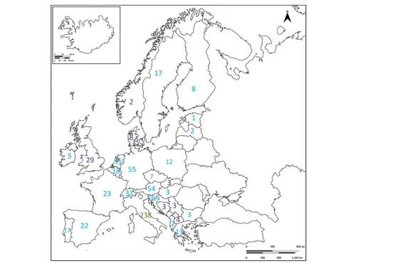Abbildung 6: Anzahl Veröffentlichungen mit Kollaborationspartnern (grün: Italien; hellblau: EU-Länder; lila: nicht-EU-Länder).