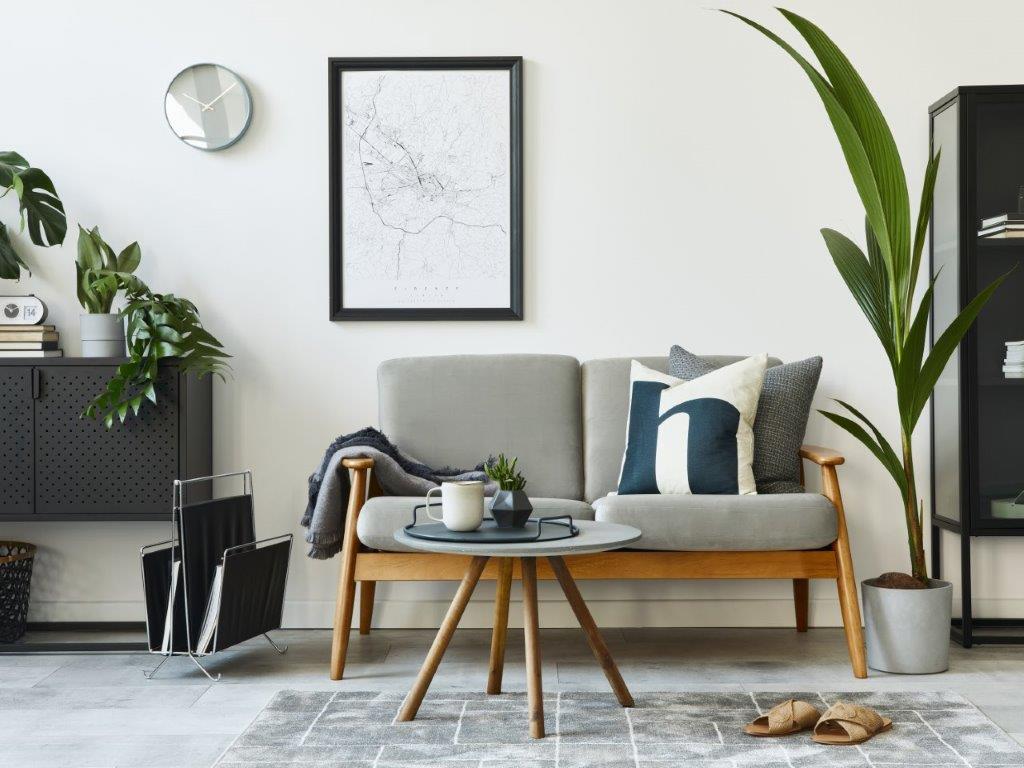 Living area with grey sofa and coffee table