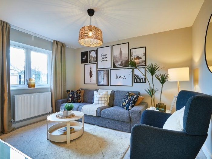 Interior photograph of the living room in the show home at Moonhill Rise
