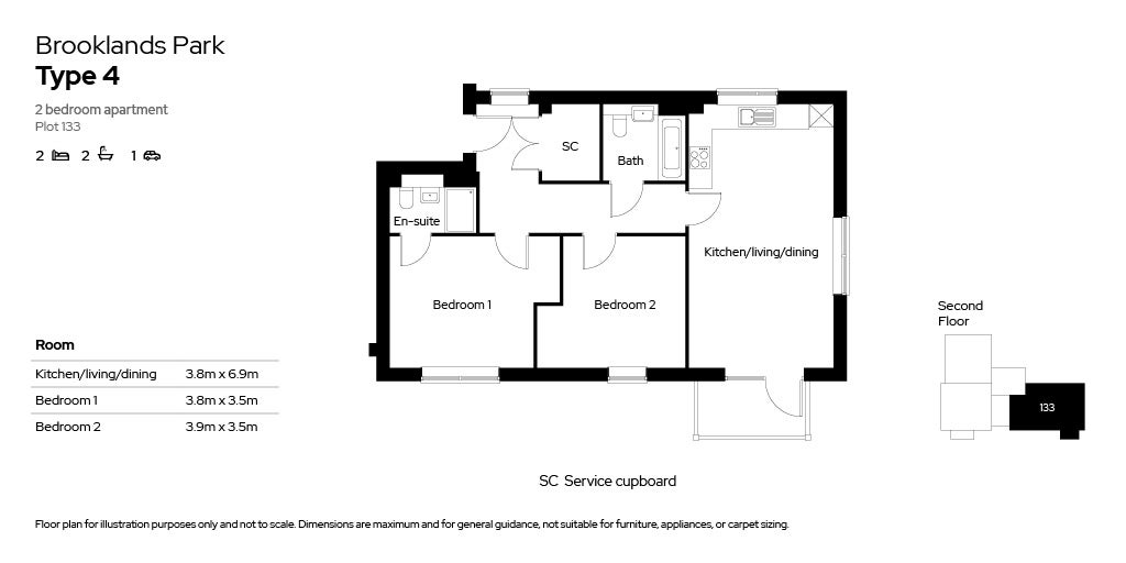 Brooklands Park 2 bed apartments floor plan - plot 133