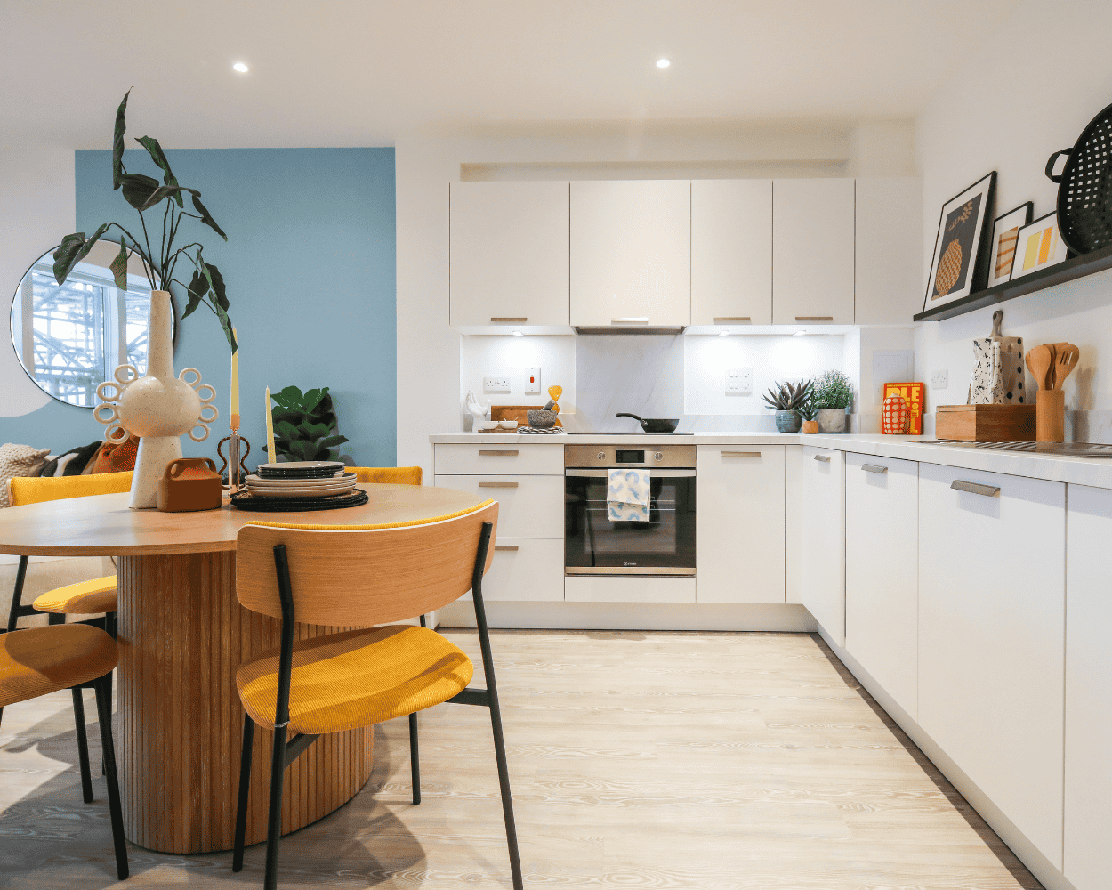 Interior photograph of the show home kitchen/diner at Edgware Parade.