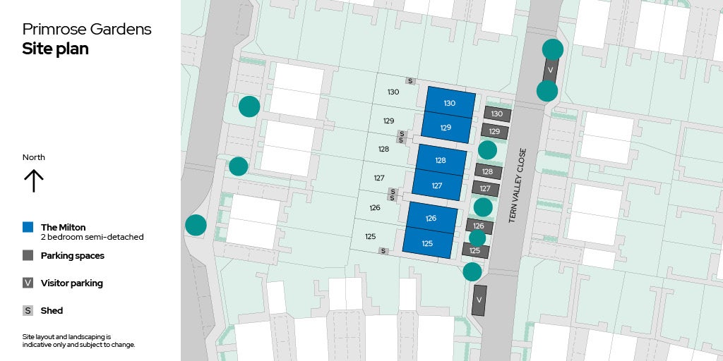 Site plan for plots 125 through 130 at Primrose Gardens.