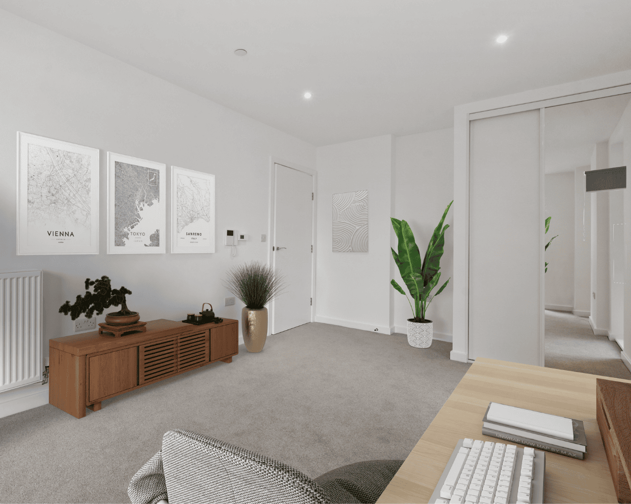 Interior CGI of a bedroom at Post House styled as a home office.