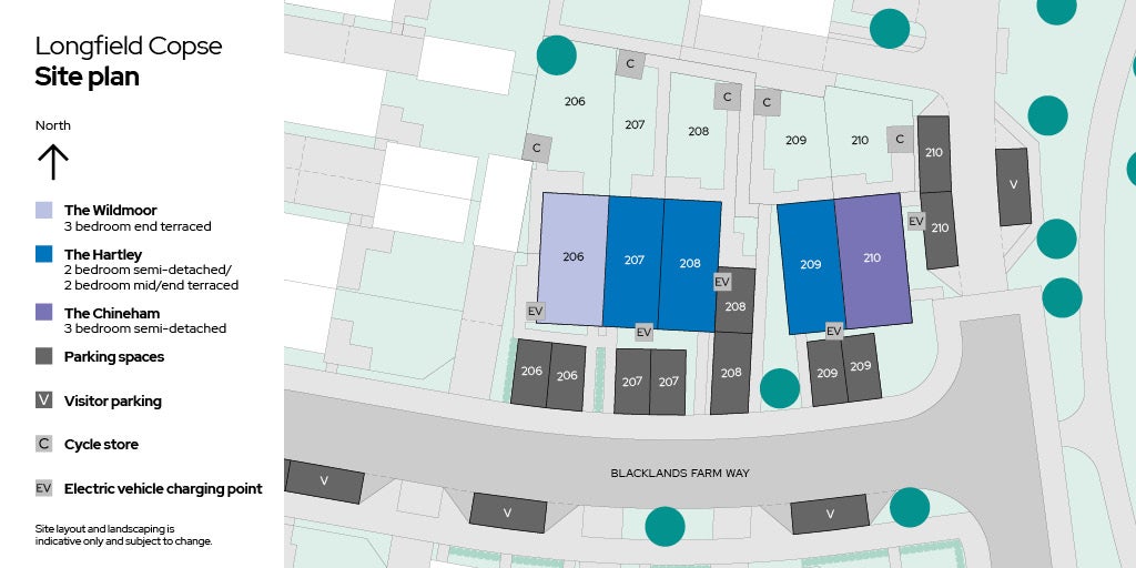 Site plan showing plots 206 - 210 at Longfield Copse
