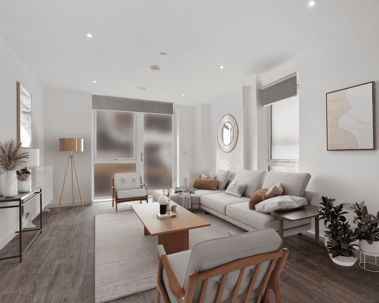 Interior CGI of a living room at Post House.