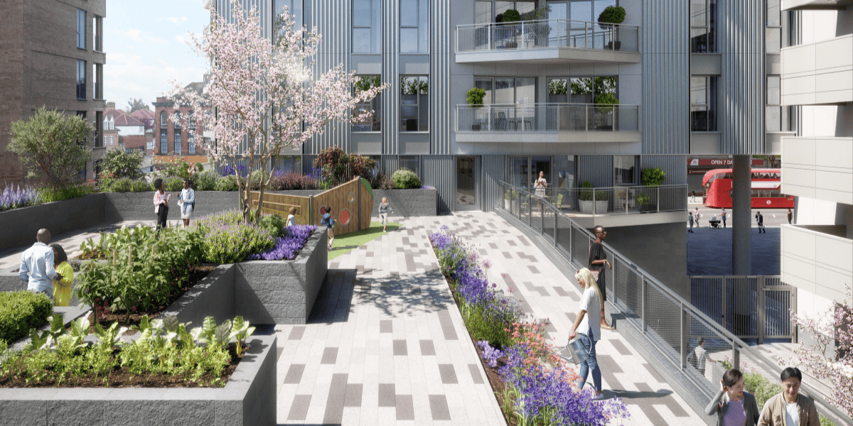 CGI of a communal garden area at the ICON development