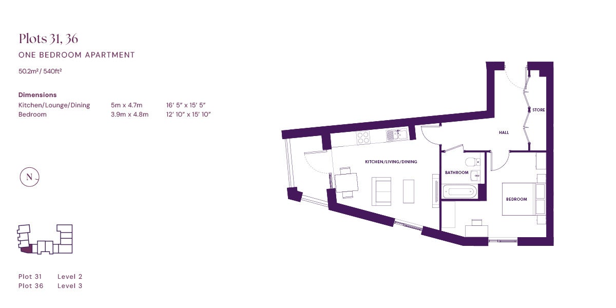 Quartoria One bedroom floor plan (plots 31, 36)
