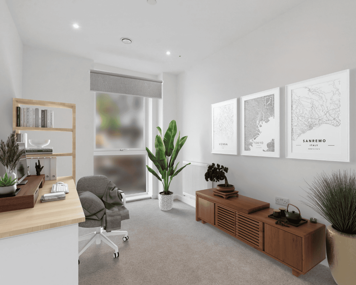 Interior CGI of a bedroom styled as a home office at Post House.
