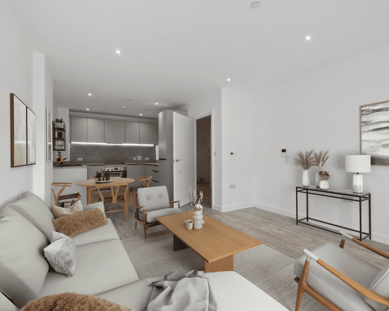 Interior CGI of an open-plan kitchen/dining/living area at Post House.